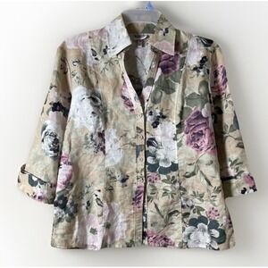 Harve Bernard Vintage Linen Blend 3/4 Sleeve Button Up Blouse Women's XL